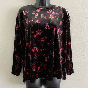 J. Jill Floral Velvet Long Sleeve Top Size XS Stretch Pullover Velour Shirt 90s
